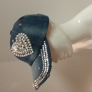 Baseball Cap Denim Heart Bling Faux Pearl Silver-tone Studs Cotton Adjustable